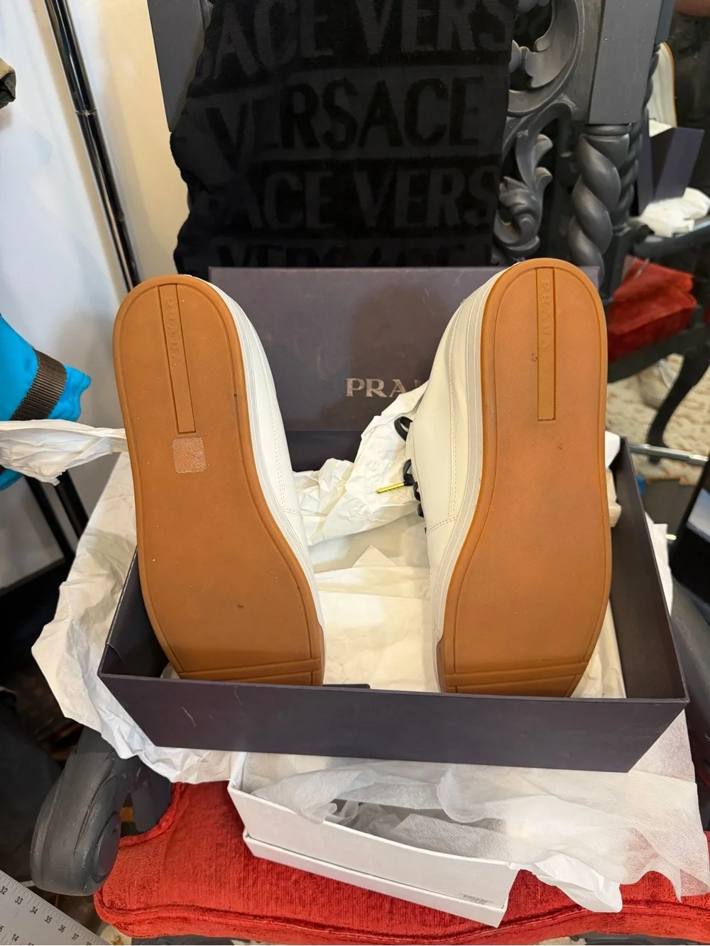 Prada White Leather Sneakers with Black Laces and Tan Soles
